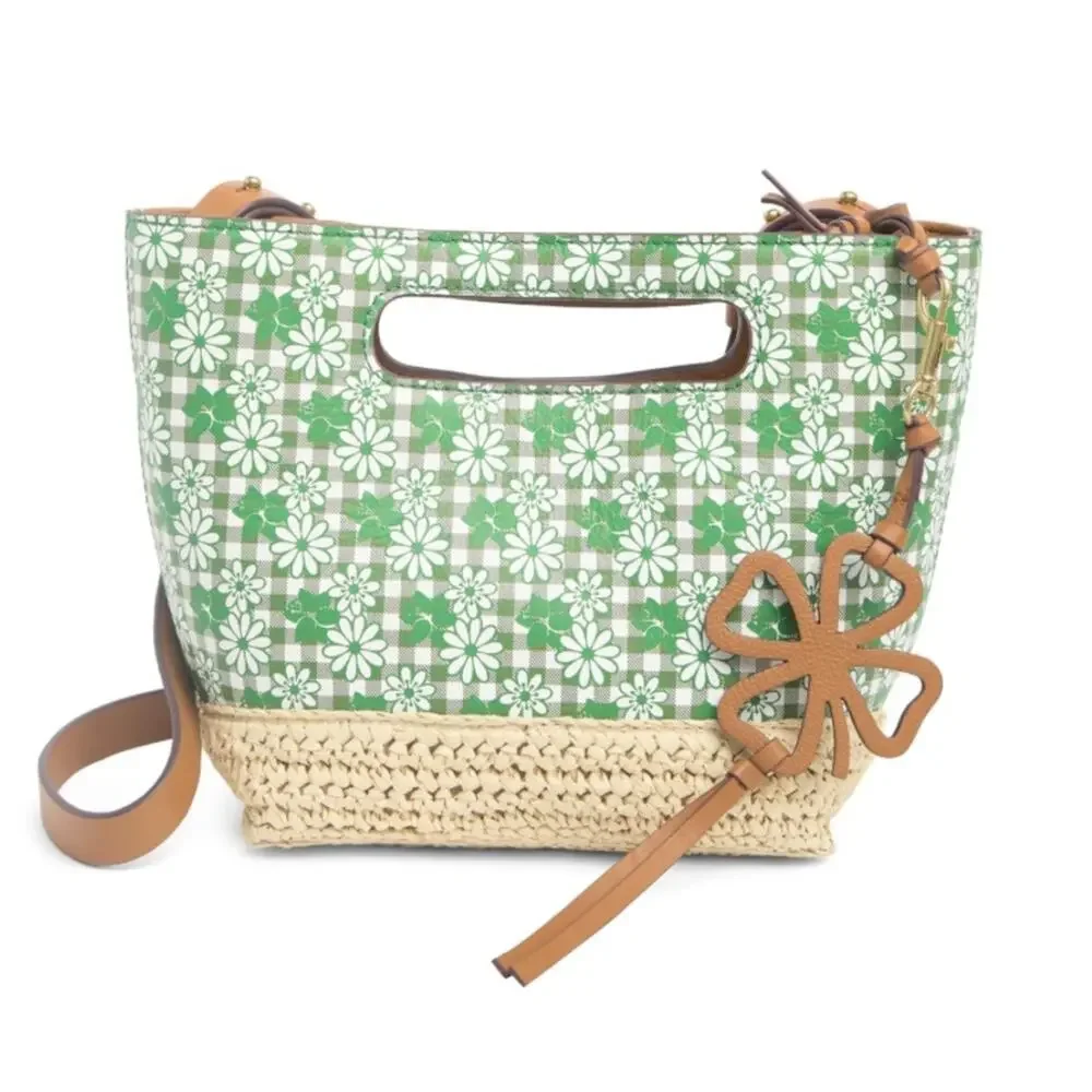LUCKY BRAND Azon Leather/Raffia Crossbody Bag Green Tan NEW - Picture 1 of 10